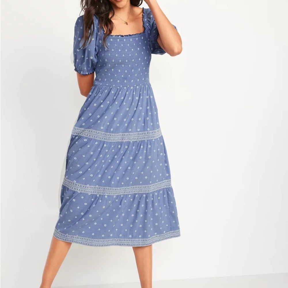 Smocked Square-Neck Midi Dress in Blue